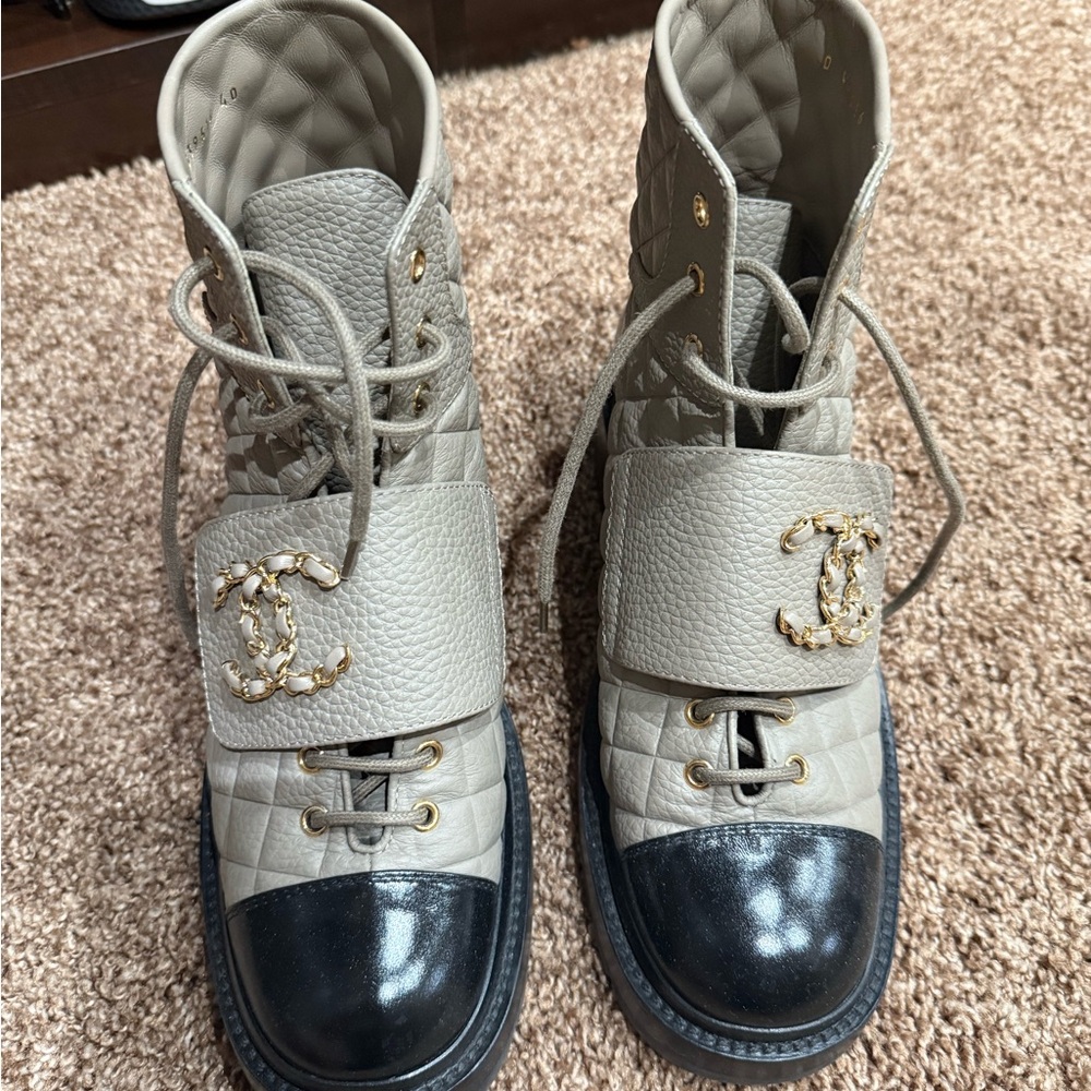 CHANEL Quilted Leather Boots with Black and Gold Accents